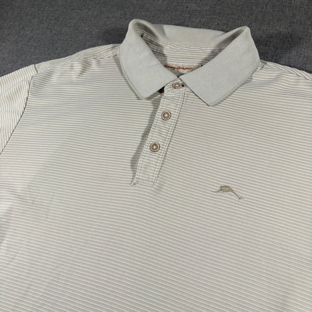 Tommy Bahama Polo Shirt Mens XL Tan Striped Modal Blend Short Sleeve Marlin Logo